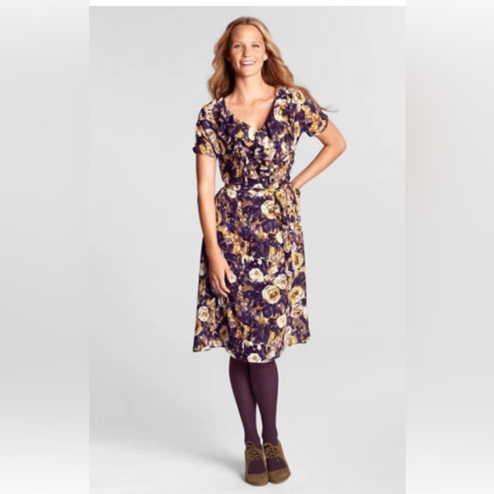 Land’s End Women's Floral Chiffon Ruffled Collar V-Neck Waist Belted Tie Dress